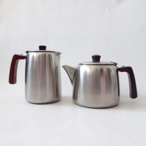 Old Hall Burley stainless steel & rosewood teapot + coffee/hot water pot, c1971