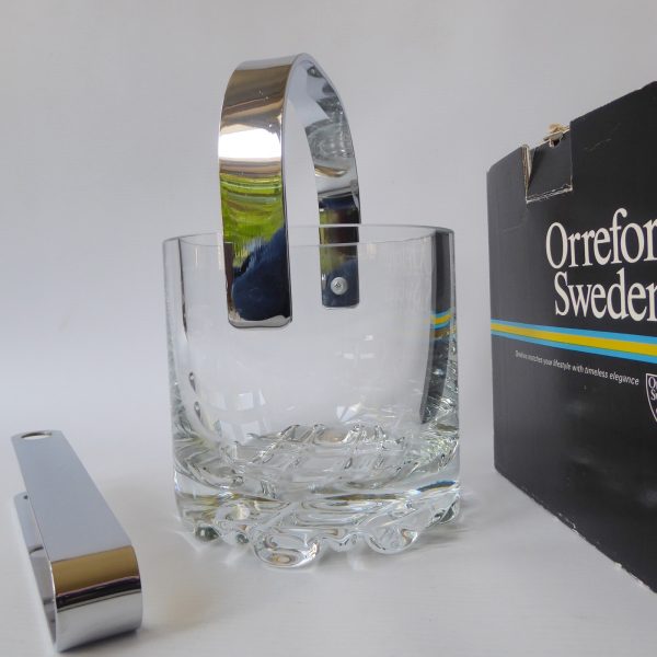 Orrefors Erik vintage crystal glass ice bucket, boxed + tongs. Olle Alberius 70s - Image 13