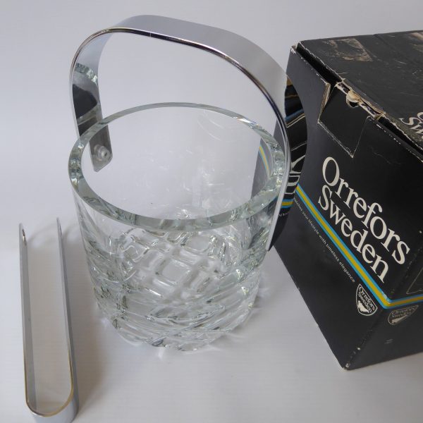 Orrefors Erik vintage crystal glass ice bucket, boxed + tongs. Olle Alberius 70s - Image 14
