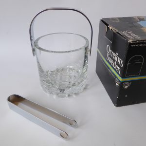 Orrefors Erik vintage crystal glass ice bucket, boxed + tongs. Olle Alberius 70s