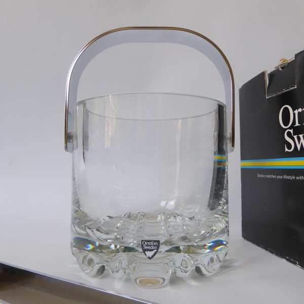 Orrefors Erik vintage crystal glass ice bucket, boxed + tongs. Olle Alberius 70s - Image 9