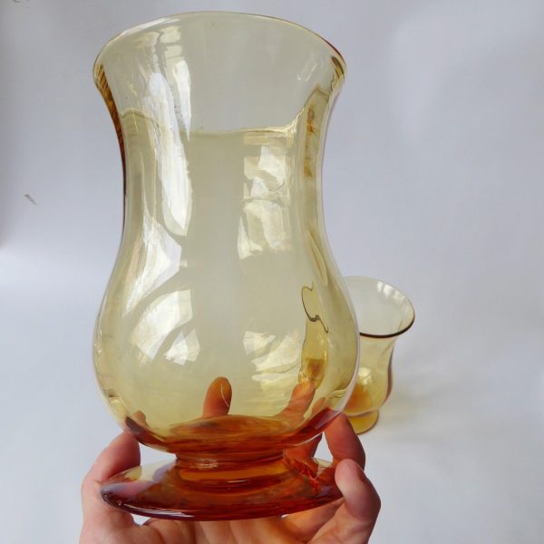 Pair vintage art glass vases, mid century 1940s/50s. Amber large footed vessels - Image 11