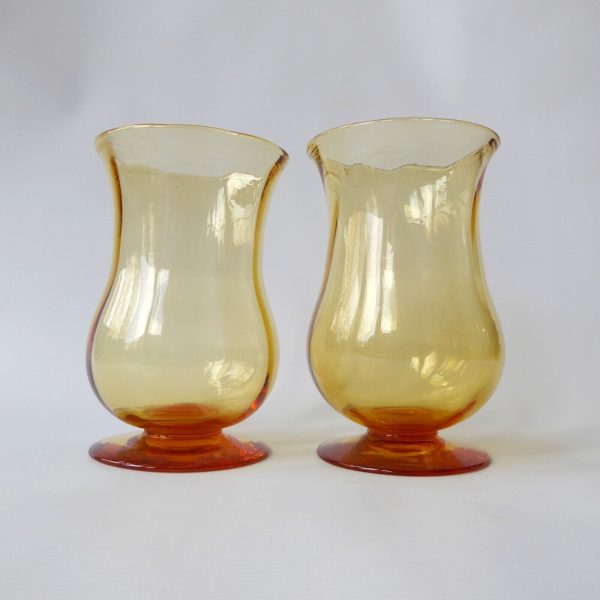 Pair vintage art glass vases, mid century 1940s/50s. Amber large footed vessels - Image 3