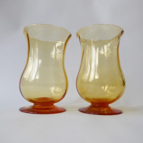 Pair vintage art glass vases, mid century 1940s/50s. Amber large footed vessels - Image 4