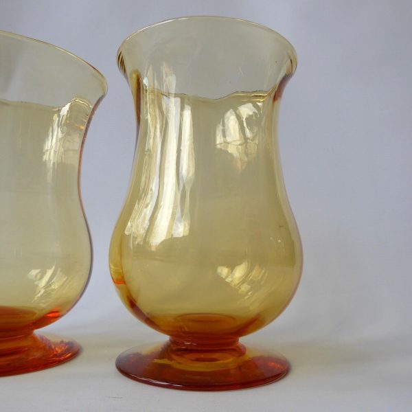 Pair vintage art glass vases, mid century 1940s/50s. Amber large footed vessels - Image 6