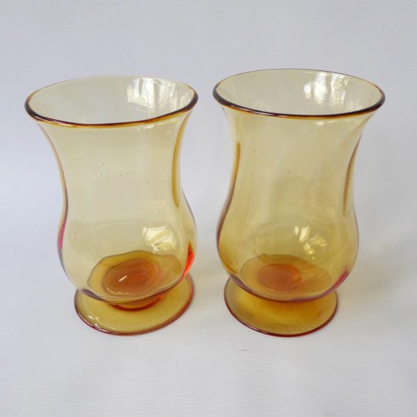 Pair vintage art glass vases, mid century 1940s/50s. Amber large footed vessels - Image 7
