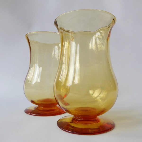 Pair vintage art glass vases, mid century 1940s/50s. Amber large footed vessels