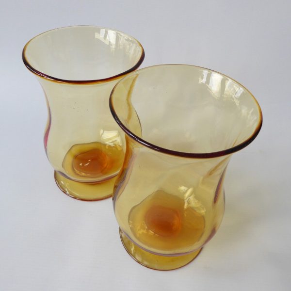 Pair vintage art glass vases, mid century 1940s/50s. Amber large footed vessels - Image 8