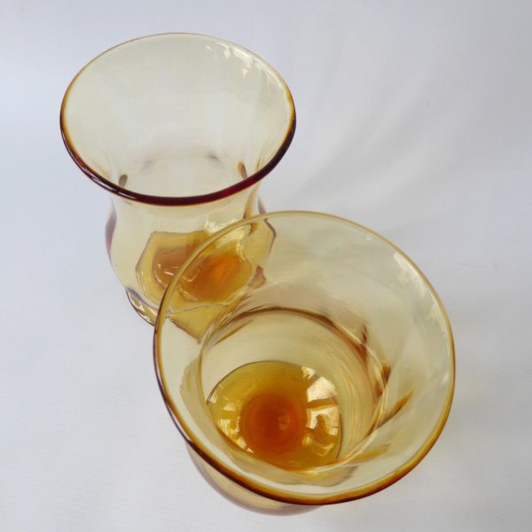 Pair vintage art glass vases, mid century 1940s/50s. Amber large footed vessels - Image 9