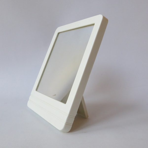 Retro 1970s 1980s small dressing table makeup mirror, white plastic 7", vintage