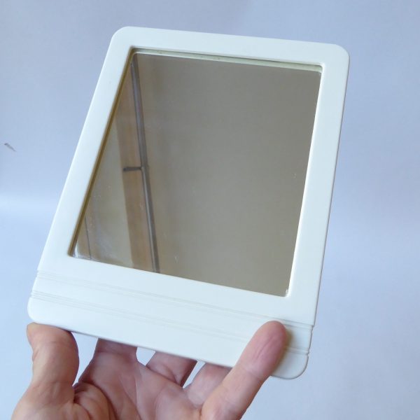 Retro 1970s 1980s small dressing table makeup mirror, white plastic 7", vintage - Image 10