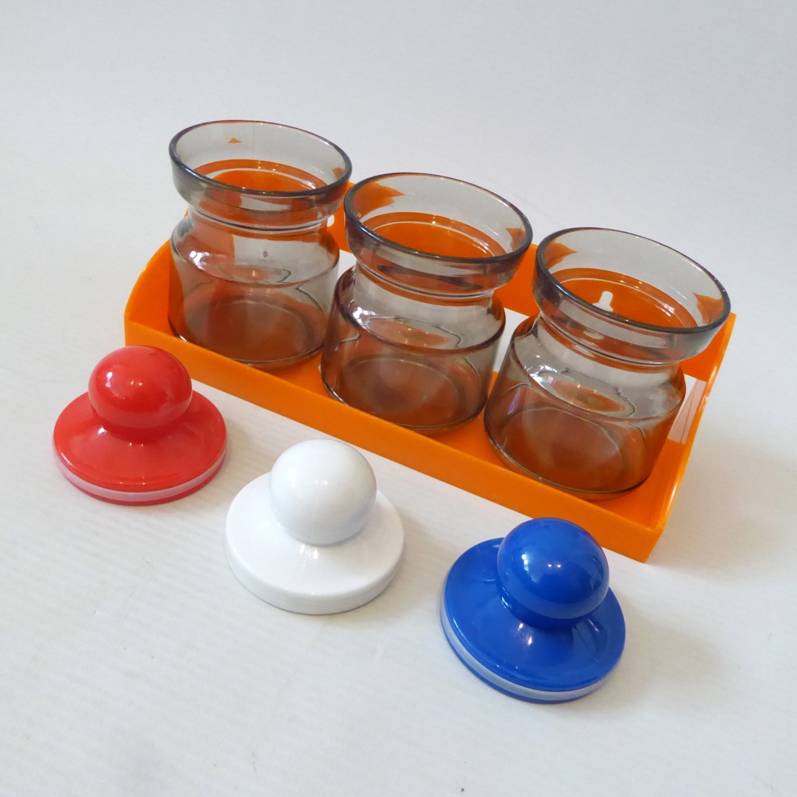 Retro small plastic kitchen pots and orange storage shelf. 1970s jars containers - Image 11
