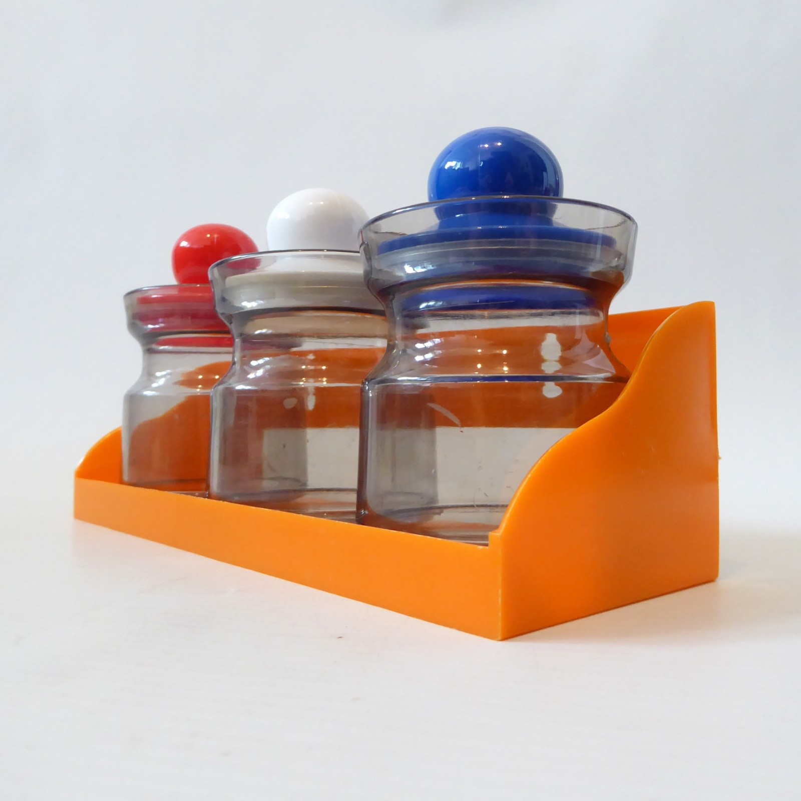 Retro small plastic kitchen pots and orange storage shelf. 1970s jars containers - Image 3