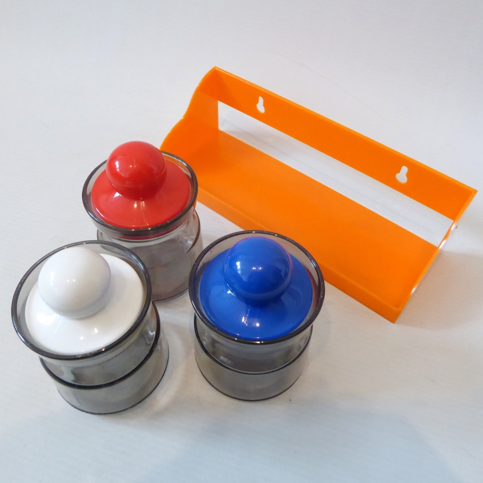 Retro small plastic kitchen pots and orange storage shelf. 1970s jars containers - Image 8