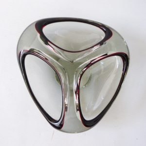 Romanian art glass dish, bowl ashtray. Grey & red vintage retro 70s Murano style