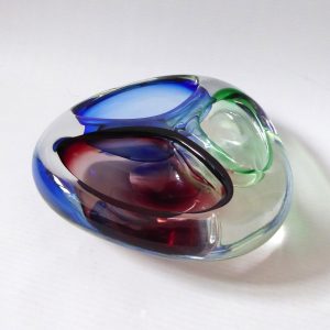 Romanian art glass dish, tri bowl ashtray. Red blue vintage retro, Murano style