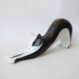 Royal Dux large stretching black cat 24501 mid century modernist Bohemian Koruka