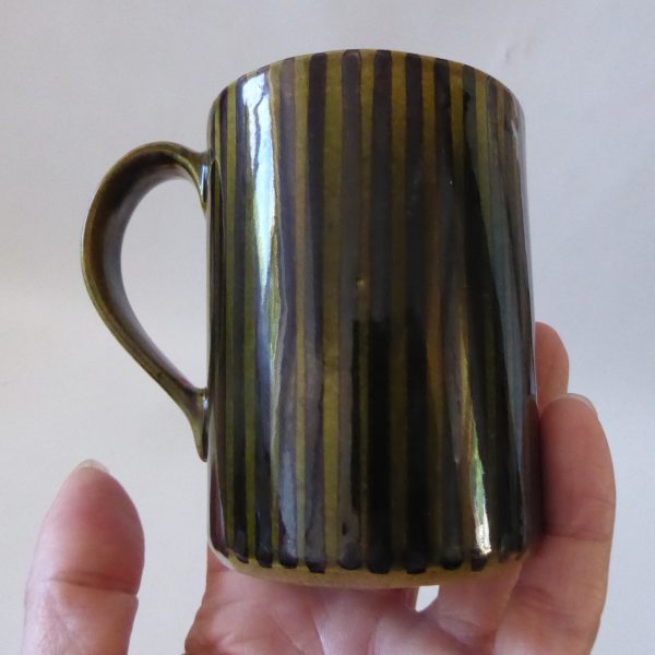 Rye Pottery vintage dark olive black striped mug cup. 1950s 1960s mid century - Image 11