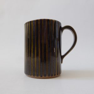 Rye Pottery vintage dark olive black striped mug cup. 1950s 1960s mid century