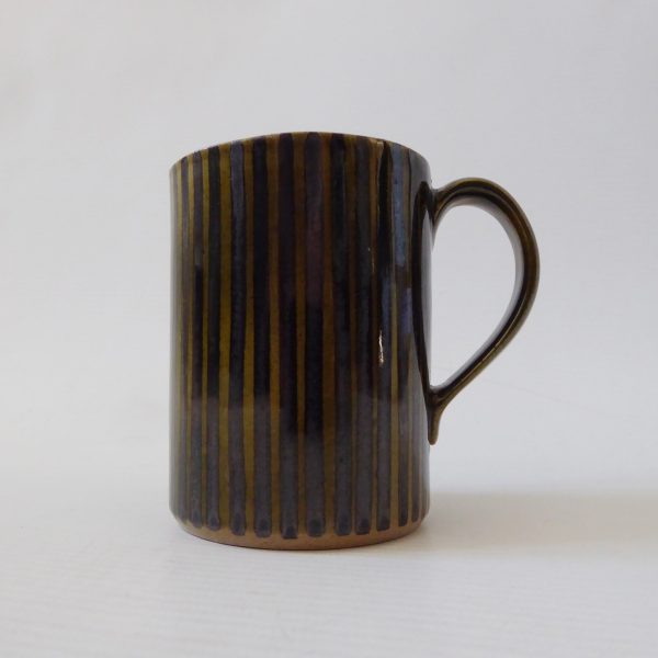 Rye Pottery vintage dark olive black striped mug cup. 1950s 1960s mid century