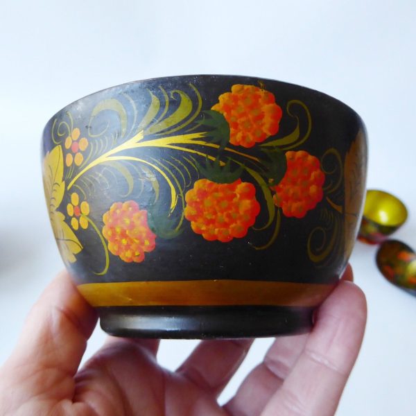 Set 6 vintage USSR Soviet Russian Lacquer Ware bowls & spoon. Khokhloma gold 70s - Image 11