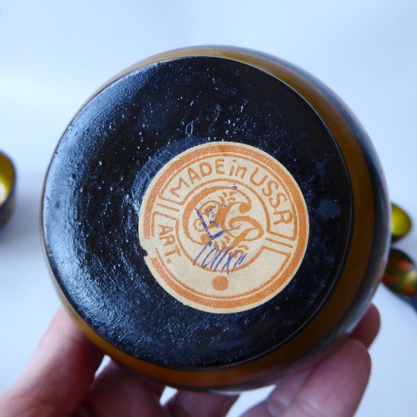 Set 6 vintage USSR Soviet Russian Lacquer Ware bowls & spoon. Khokhloma gold 70s - Image 12