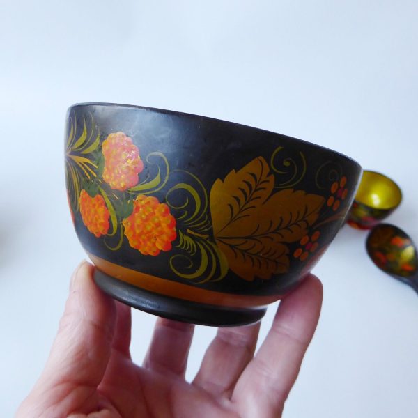 Set 6 vintage USSR Soviet Russian Lacquer Ware bowls & spoon. Khokhloma gold 70s - Image 13