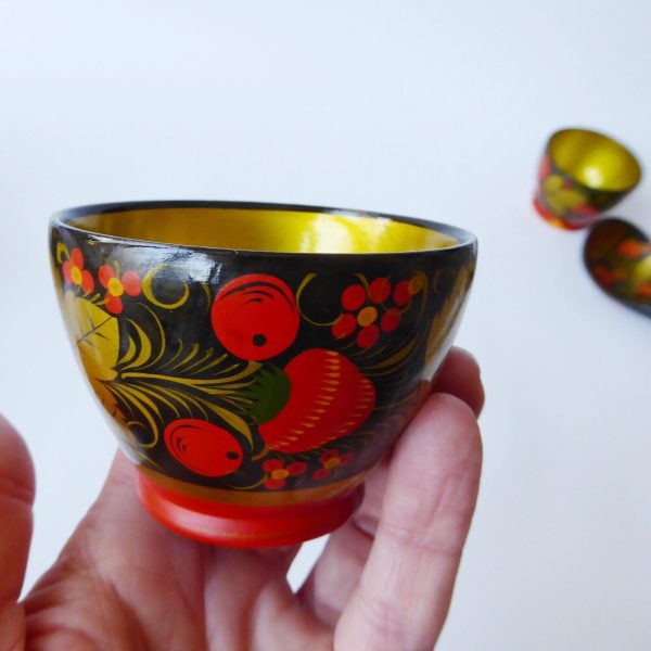 Set 6 vintage USSR Soviet Russian Lacquer Ware bowls & spoon. Khokhloma gold 70s - Image 15