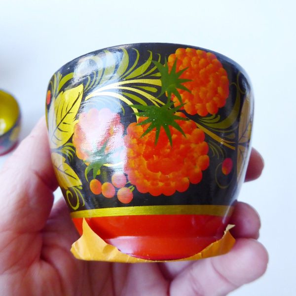 Set 6 vintage USSR Soviet Russian Lacquer Ware bowls & spoon. Khokhloma gold 70s - Image 16