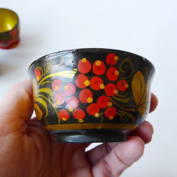 Set 6 vintage USSR Soviet Russian Lacquer Ware bowls & spoon. Khokhloma gold 70s - Image 19