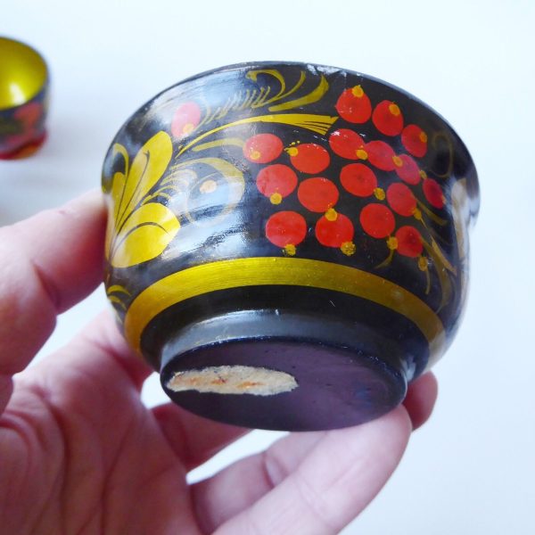 Set 6 vintage USSR Soviet Russian Lacquer Ware bowls & spoon. Khokhloma gold 70s - Image 20