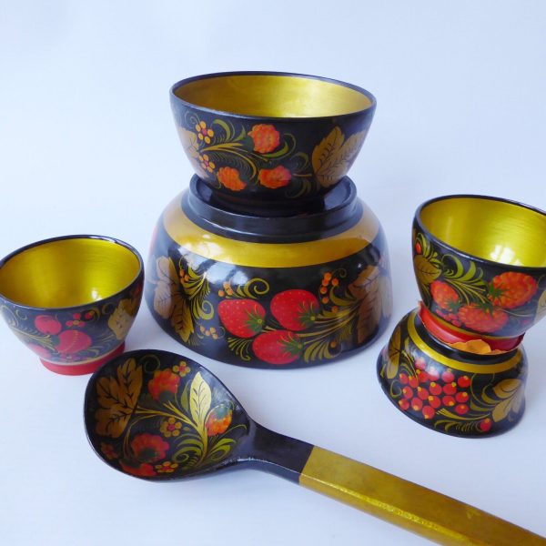 Set 6 vintage USSR Soviet Russian Lacquer Ware bowls & spoon. Khokhloma gold 70s - Image 3