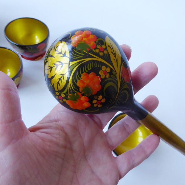 Set 6 vintage USSR Soviet Russian Lacquer Ware bowls & spoon. Khokhloma gold 70s - Image 21