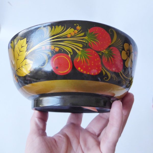 Set 6 vintage USSR Soviet Russian Lacquer Ware bowls & spoon. Khokhloma gold 70s - Image 8