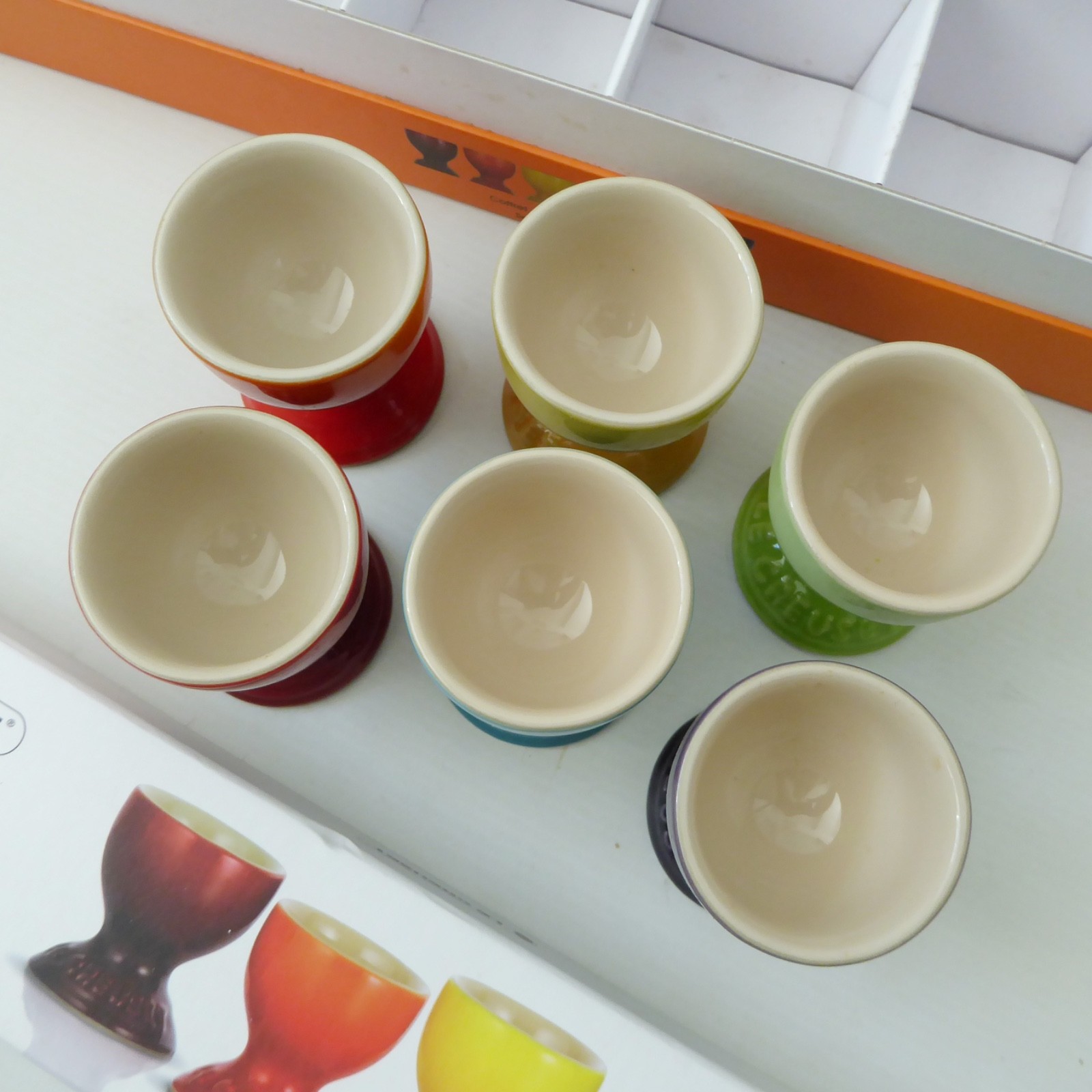 Set of 6 boxed Le Creuset Rainbow ceramic stoneware footed egg cups. Multicolour - Image 8