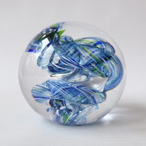 Signed OG2005 art glass paperweight blue green & white clear swirl bubbles, orb
