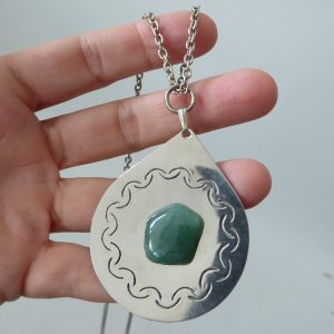 Stainless steel & green gemstone vintage 1970s pendant necklace. Modernist retro
