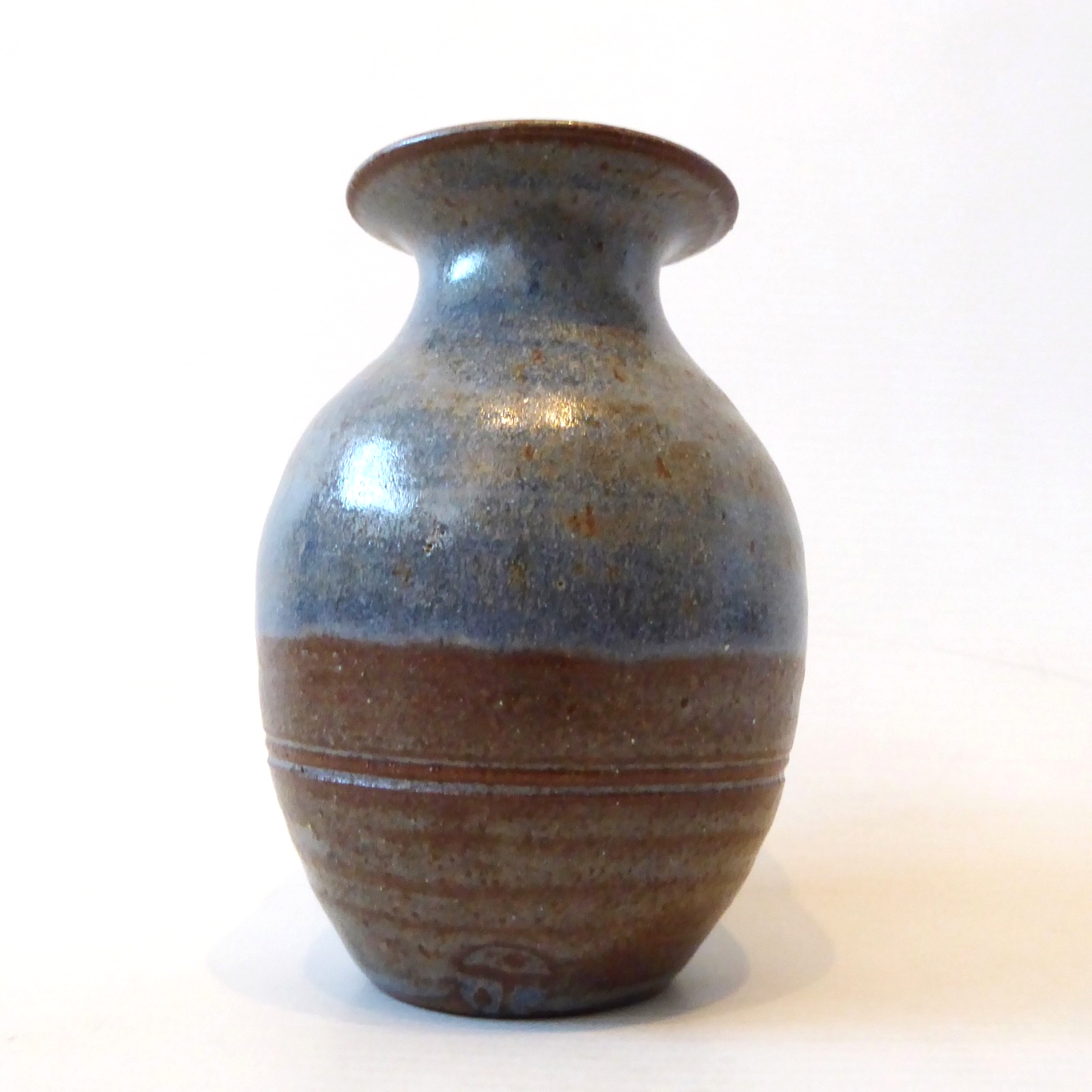 Studio Pottery small vase, signed vintage handmade stoneware clay, brown & blue