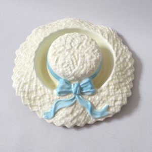 Sylvac Falcon Ware straw hat bonnet table posy round vase, blue ribbon. Vintage