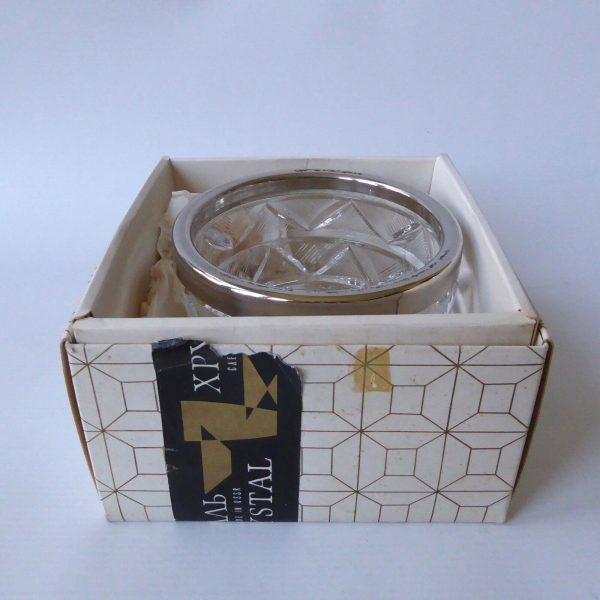 USSR crystal bowl, vintage. Boxed small cut glass + silverplated. Caenaho B CCCP - Image 5