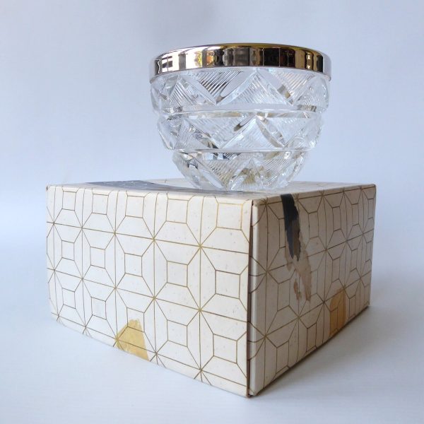USSR crystal bowl, vintage. Boxed small cut glass + silverplated. Caenaho B CCCP