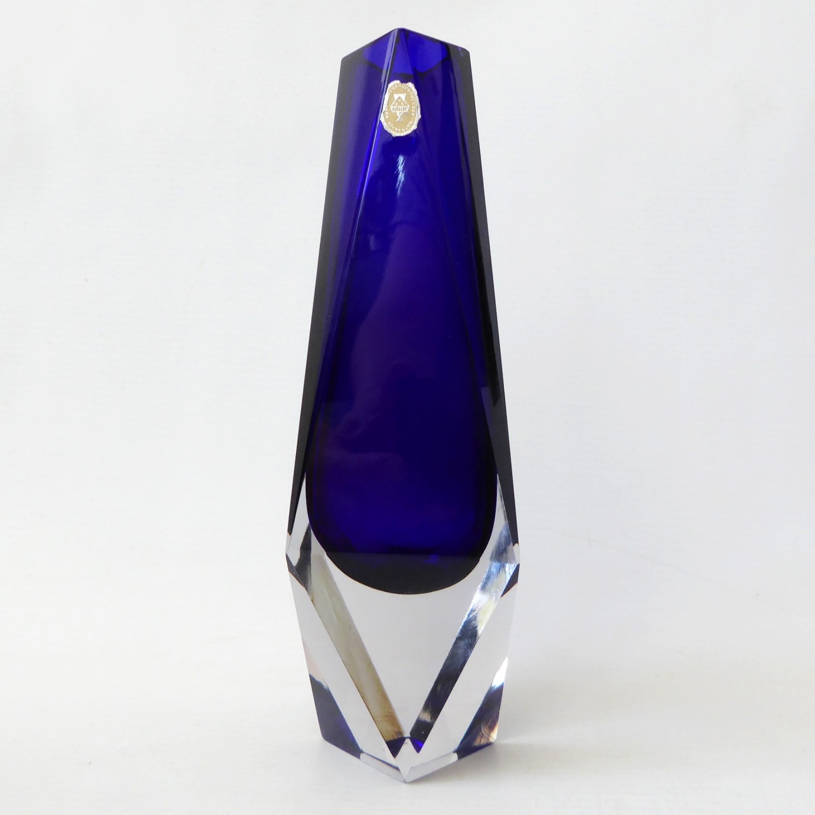 VEB Kunstglas art glass blue faceted block vase, vintage East German GDR 1970s - Image 3