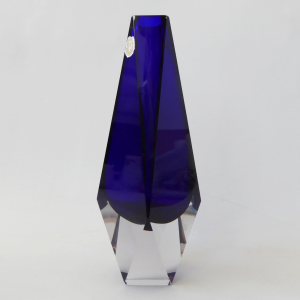 VEB Kunstglas art glass blue faceted block vase, vintage East German GDR 1970s