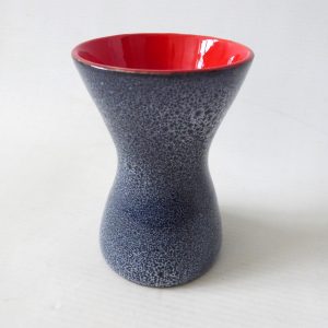 Vintage 1960s 1970s ceramic vase, blue specked & red hourglass, retro pottery 4"