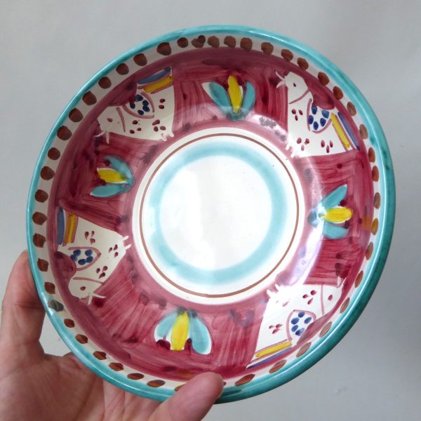 Vintage Italian pottery ceramic bowl. Pink & aqua birds, signed Ravello, Italy. - Image 8