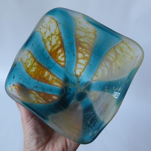 Vintage Mdina Crystal Blue Stripe crizzle art glass frosted square bowl, 1998 - Image 12