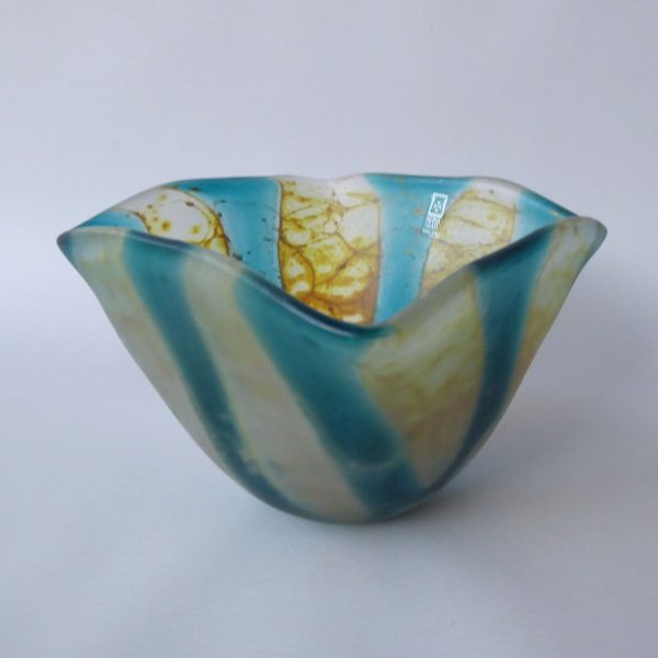 Vintage Mdina Crystal Blue Stripe crizzle art glass frosted square bowl, 1998 - Image 3