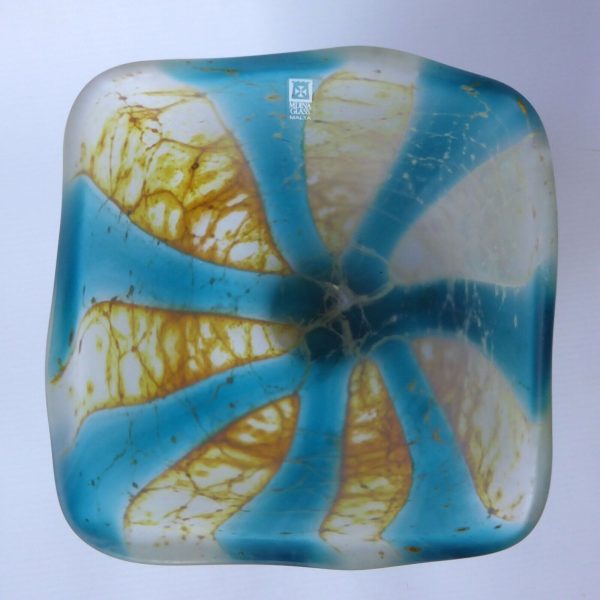Vintage Mdina Crystal Blue Stripe crizzle art glass frosted square bowl, 1998 - Image 4