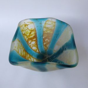 Vintage Mdina Crystal Blue Stripe crizzle art glass frosted square bowl, 1998