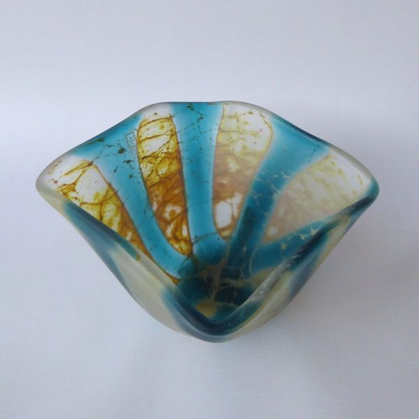 Vintage Mdina Crystal Blue Stripe crizzle art glass frosted square bowl, 1998 - Image 6